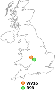 map showing distance between WV16 and B98