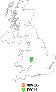 map showing distance between WV16 and DY14