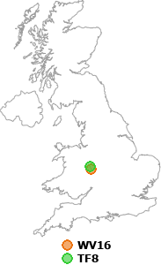 map showing distance between WV16 and TF8