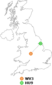 map showing distance between WV3 and HU9