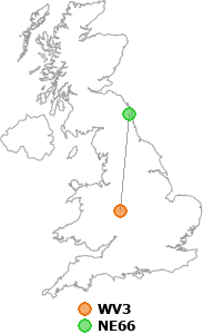 map showing distance between WV3 and NE66