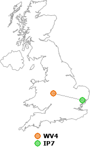 map showing distance between WV4 and IP7