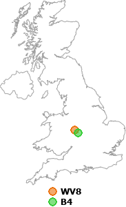 map showing distance between WV8 and B4