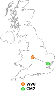 map showing distance between WV8 and CM7