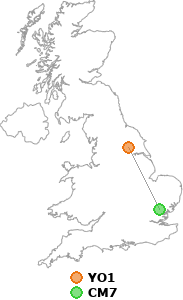 map showing distance between YO1 and CM7