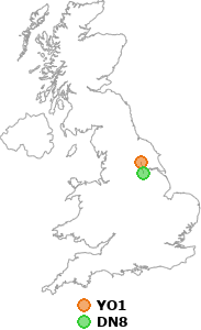 map showing distance between YO1 and DN8