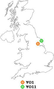 map showing distance between YO1 and YO11
