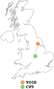 map showing distance between YO10 and CV9