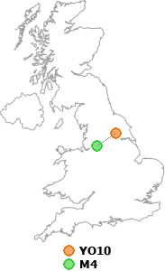 map showing distance between YO10 and M4