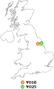 map showing distance between YO10 and YO25