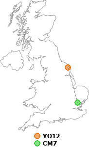 map showing distance between YO12 and CM7