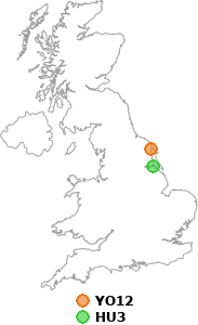 map showing distance between YO12 and HU3