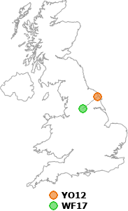map showing distance between YO12 and WF17