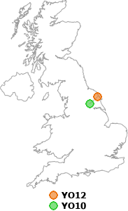 map showing distance between YO12 and YO10