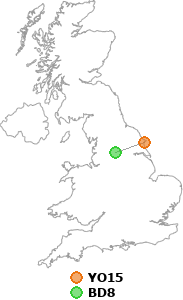 map showing distance between YO15 and BD8
