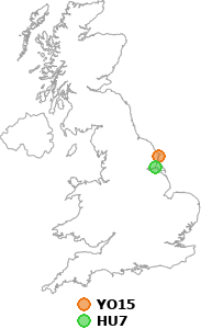 map showing distance between YO15 and HU7