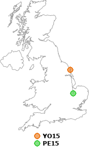 map showing distance between YO15 and PE15