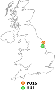 map showing distance between YO16 and HU1