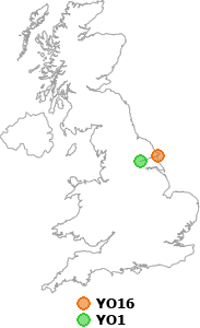 map showing distance between YO16 and YO1