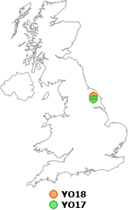 map showing distance between YO18 and YO17