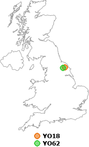 map showing distance between YO18 and YO62