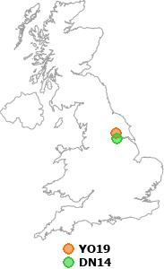 map showing distance between YO19 and DN14