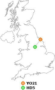 map showing distance between YO21 and HD5