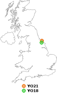 map showing distance between YO21 and YO18