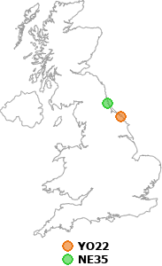 map showing distance between YO22 and NE35