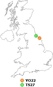 map showing distance between YO22 and TS27
