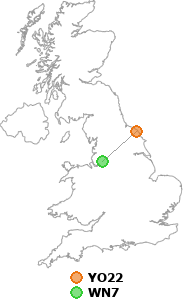 map showing distance between YO22 and WN7