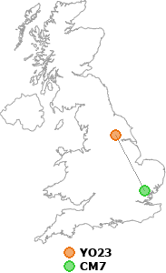 map showing distance between YO23 and CM7