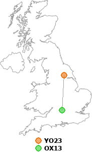 map showing distance between YO23 and OX13