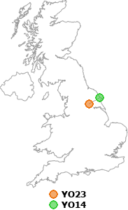 map showing distance between YO23 and YO14