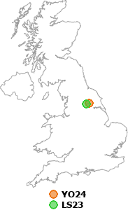 map showing distance between YO24 and LS23