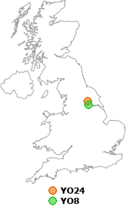 map showing distance between YO24 and YO8