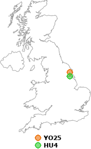 map showing distance between YO25 and HU4