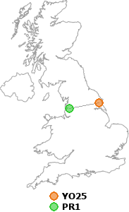 map showing distance between YO25 and PR1