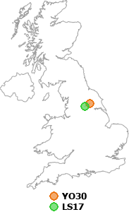 map showing distance between YO30 and LS17
