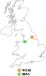 map showing distance between YO30 and WA5