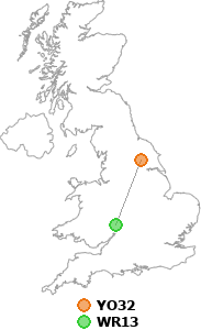 map showing distance between YO32 and WR13