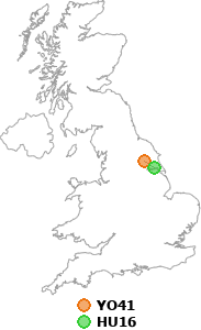 map showing distance between YO41 and HU16