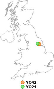 map showing distance between YO42 and YO24