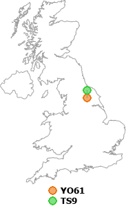 map showing distance between YO61 and TS9