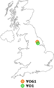 map showing distance between YO61 and YO1