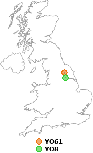 map showing distance between YO61 and YO8