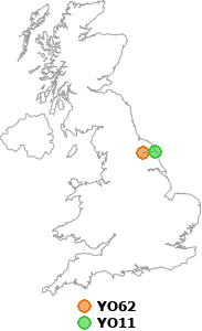 map showing distance between YO62 and YO11