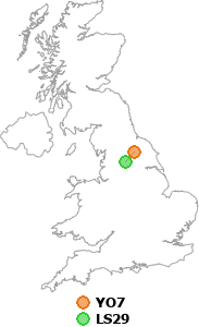 map showing distance between YO7 and LS29