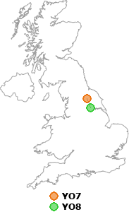map showing distance between YO7 and YO8