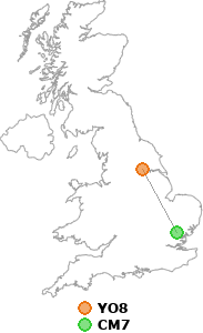 map showing distance between YO8 and CM7